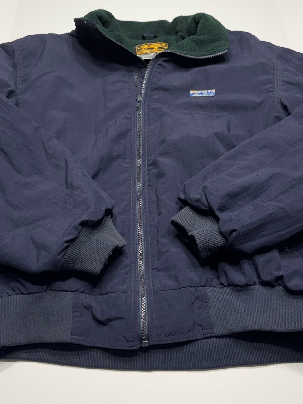 Eddie Bauer Navy Bomber Jacket with Dark Green Fleece Collar